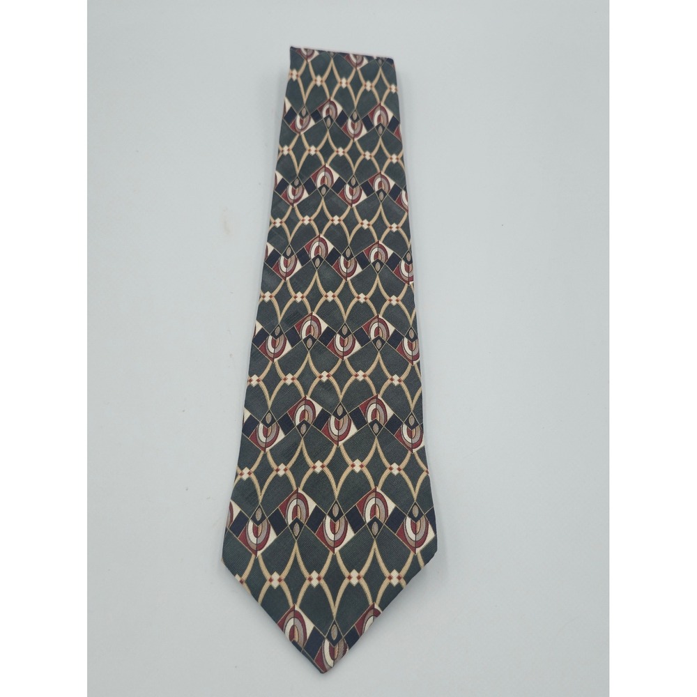 Courreges Homme Necktie Mens OS Green Burgundy Silk Good Geometric Art Deco 90s